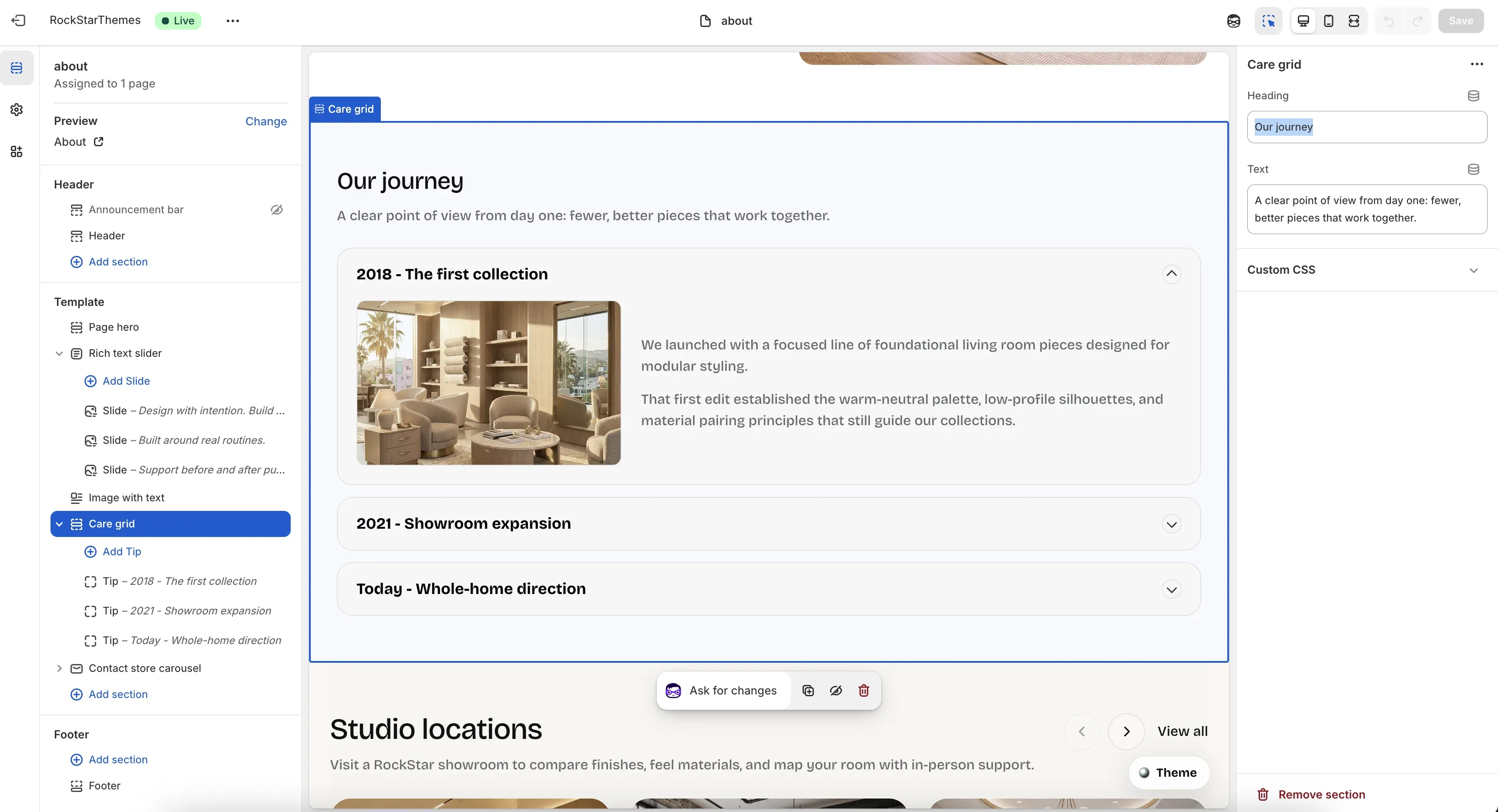 Shopify Theme Editor with the About template open and the Care grid section selected, showing heading and text settings on the right and multiple Tip blocks in the left sidebar that expand in the canvas accordion.