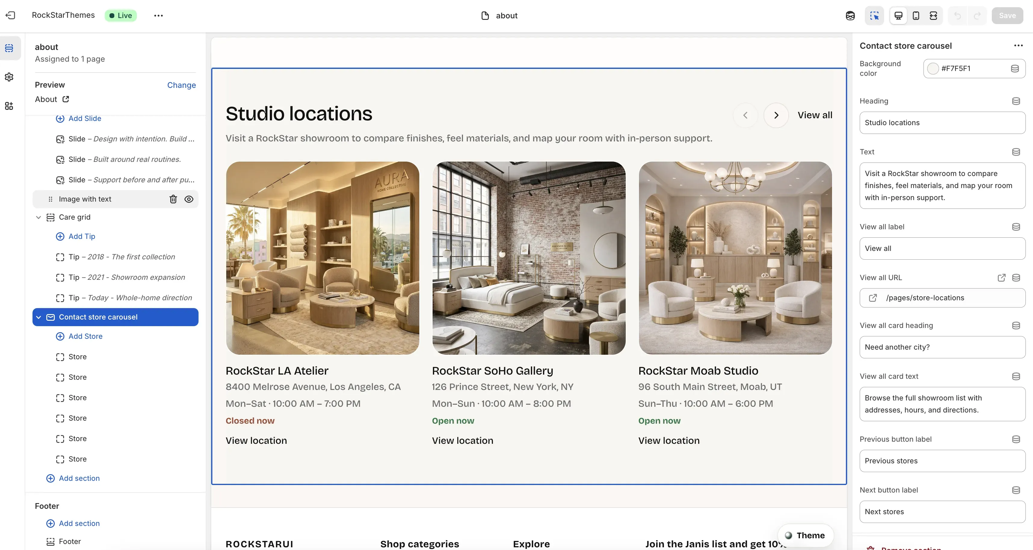Shopify Theme Editor with the About template open and Contact store carousel selected, showing studio location cards in the canvas and section controls for heading, text, view-all link, and nav labels in the right panel.