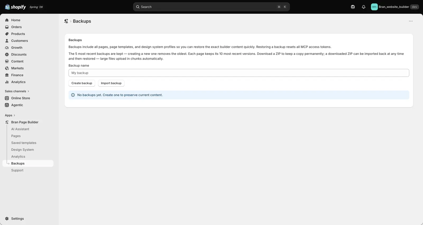 The Backups screen in Shopify admin before any backup exists, showing what a backup includes, the retention note, a Backup name field with Create backup and Import backup buttons, and a message that no backups have been created yet.