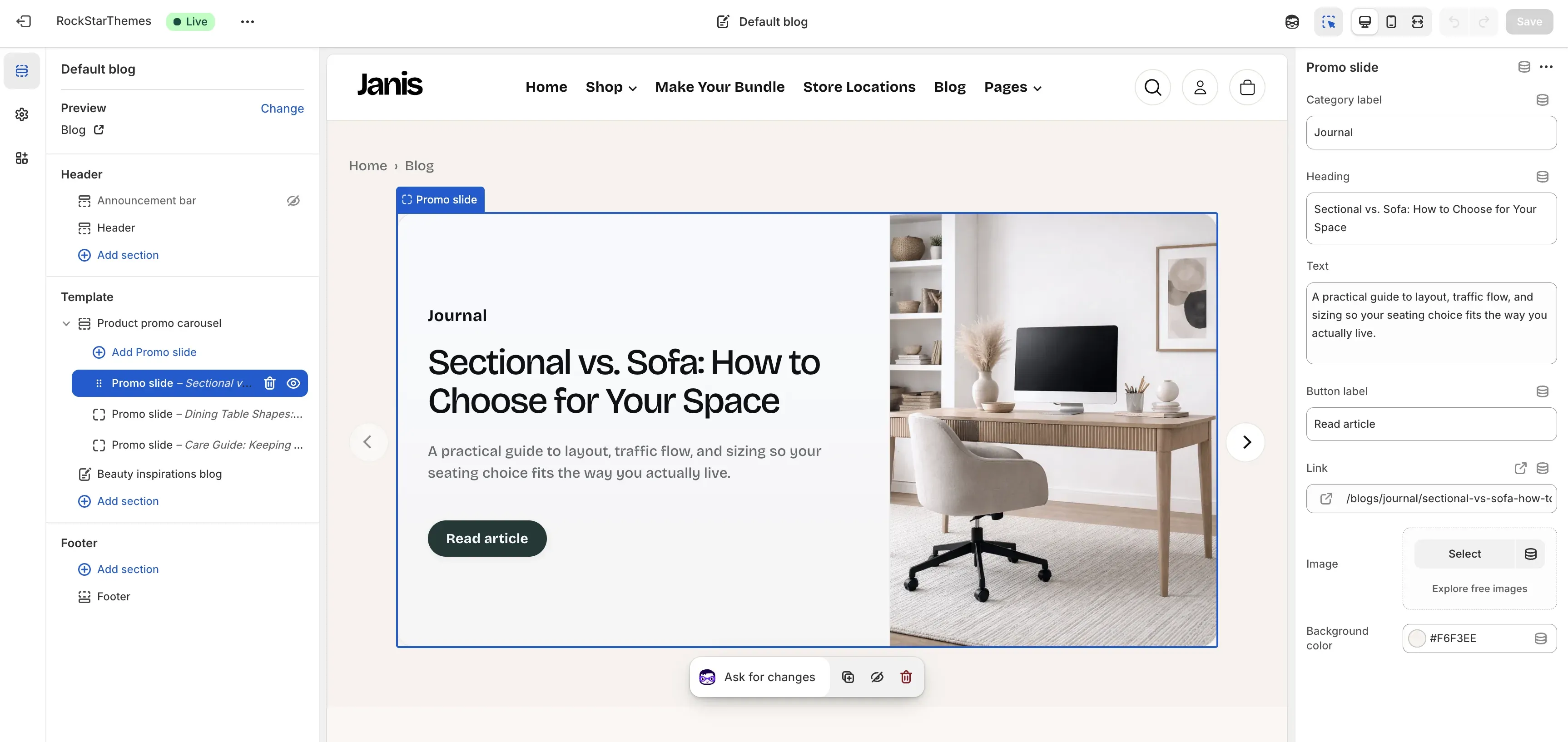 Shopify Theme Editor with the Blog template open and a Promo slide selected inside Product promo carousel, showing slide content fields like category label, heading, text, link, image, and background color.