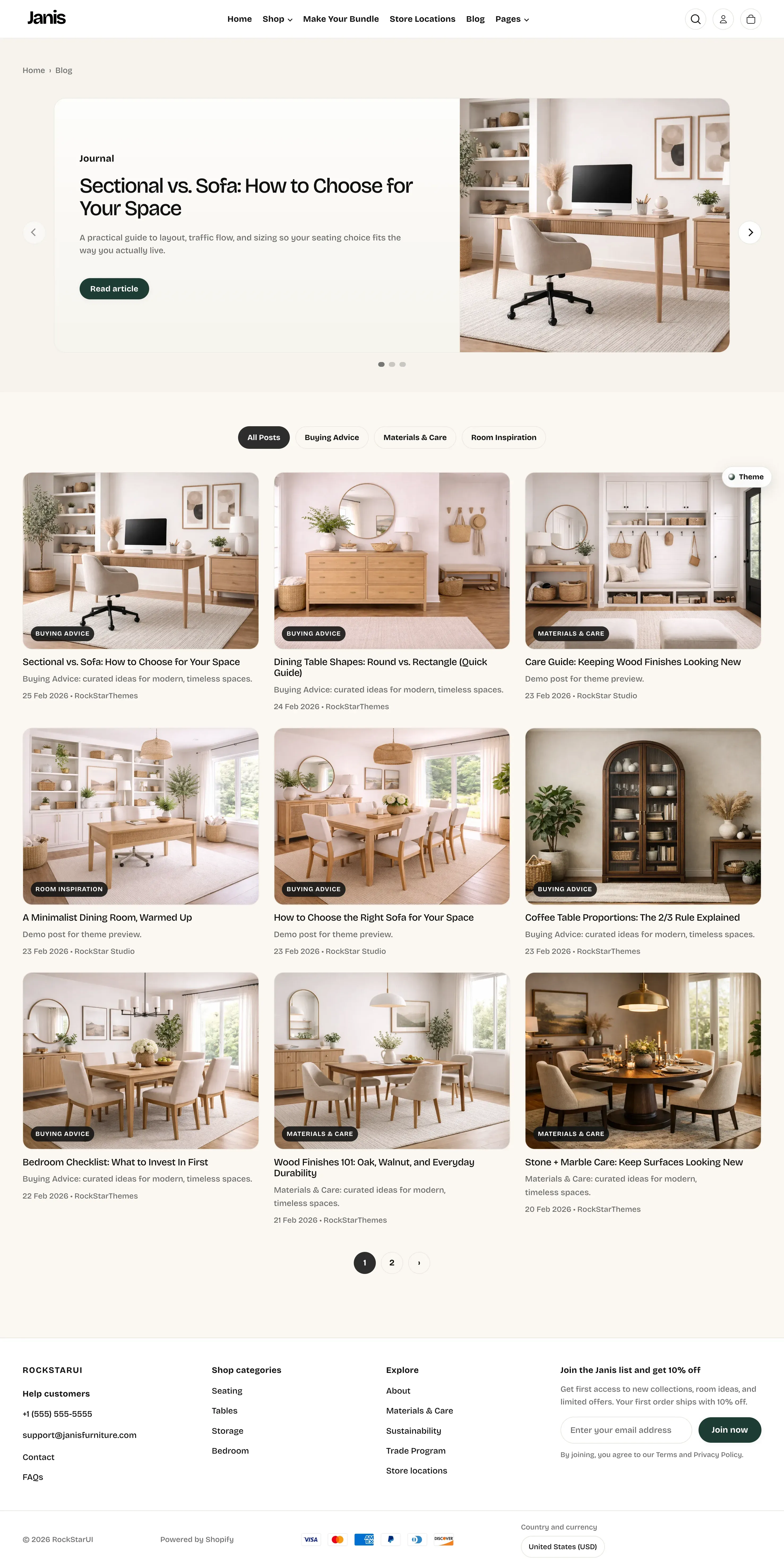Blog page showing featured article slider, tag filter chips, article card grid, and pagination.