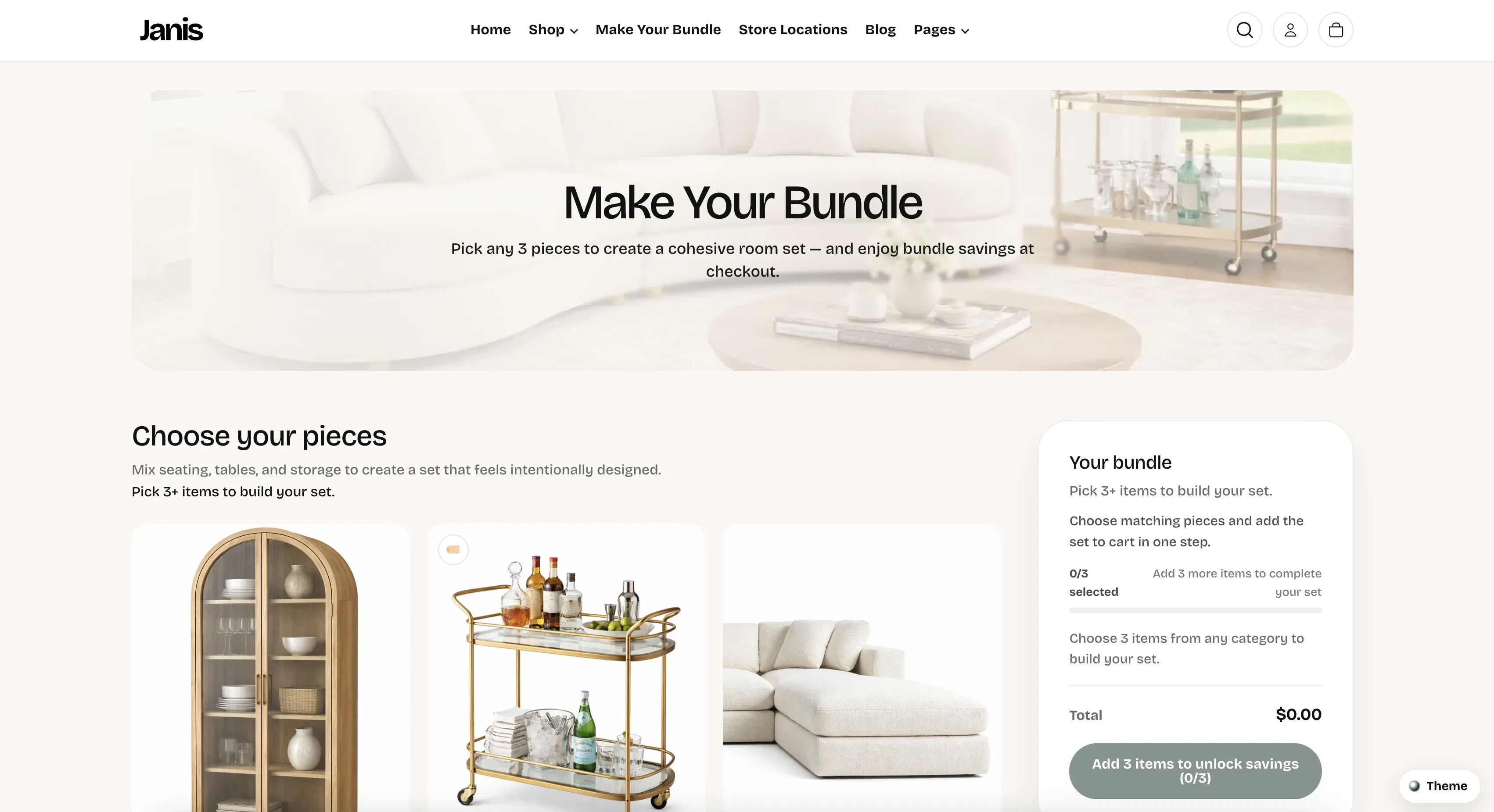 Bundle Builder page showing the initial state with 0 out of 3 selected, product grid on the left, and summary panel on the right with the checkout button locked until minimum items are added.