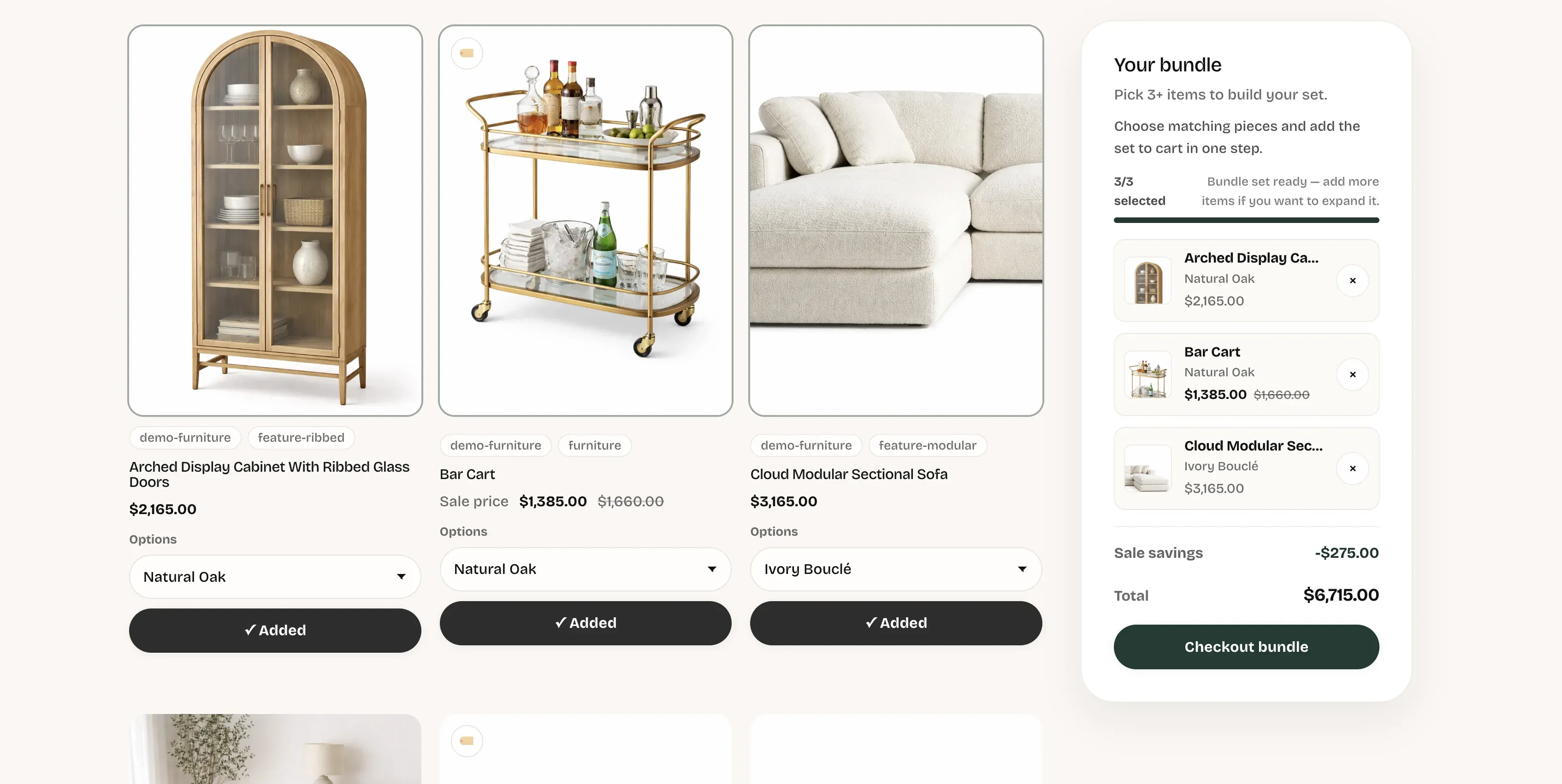 Bundle Builder page showing 3 out of 3 selected, selected items listed in the summary panel with remove buttons, savings and total visible, and the Checkout bundle button enabled.