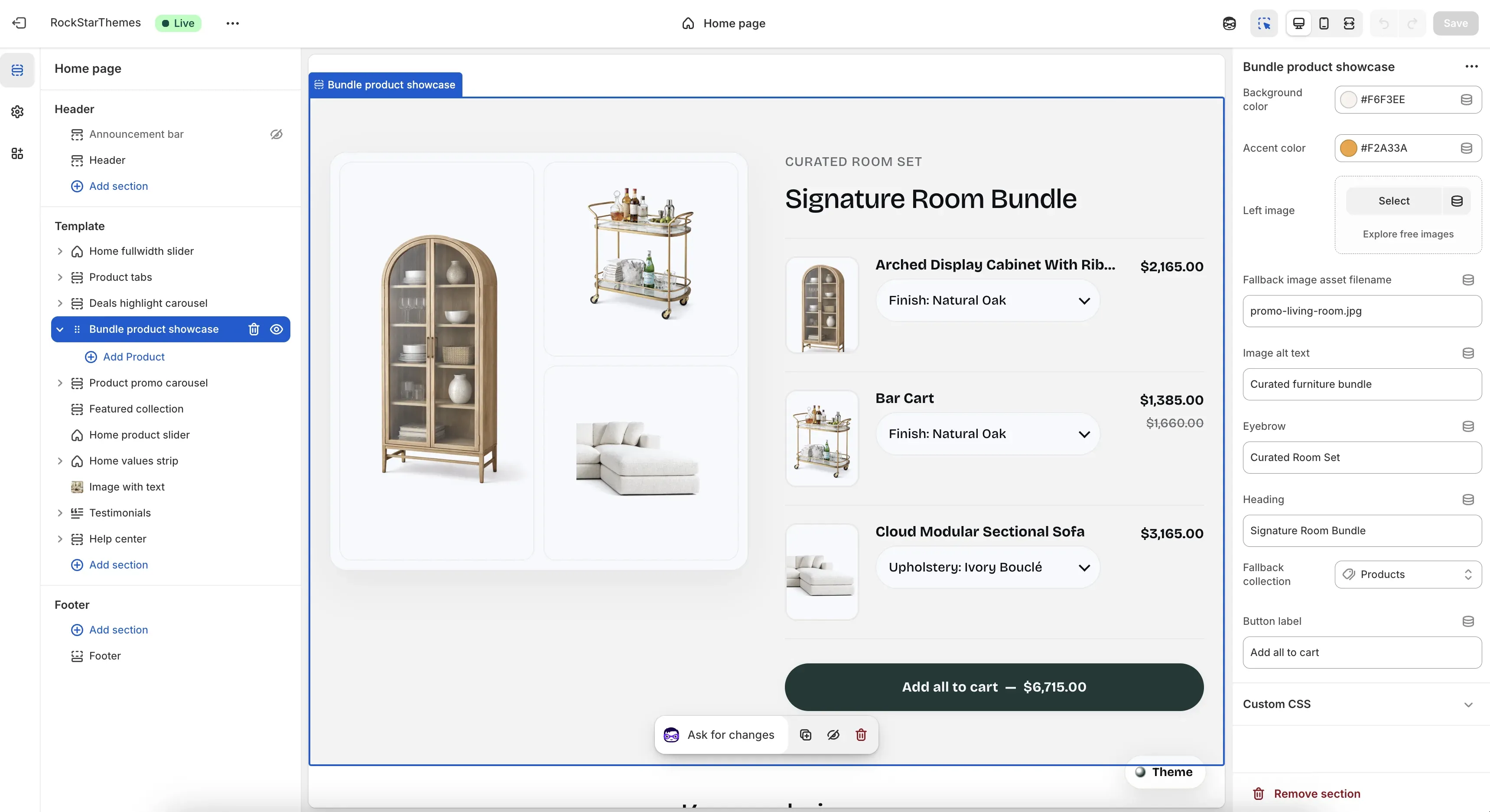 Shopify Theme Editor with the Bundle product showcase section selected on the Home page template, showing product blocks in the left sidebar, the bundle collage and item panel in the preview, and section settings on the right panel.