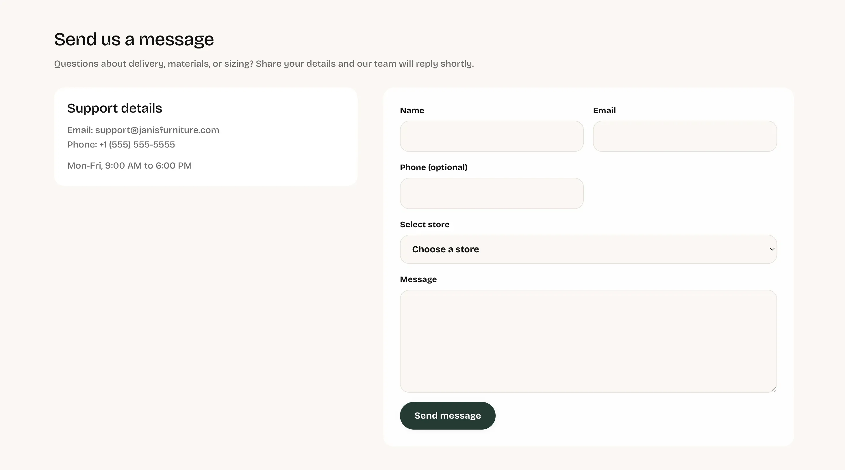 Contact page section showing the Send us a message heading, support details card, and form fields for name, email, phone, store selection, message, and submit button.