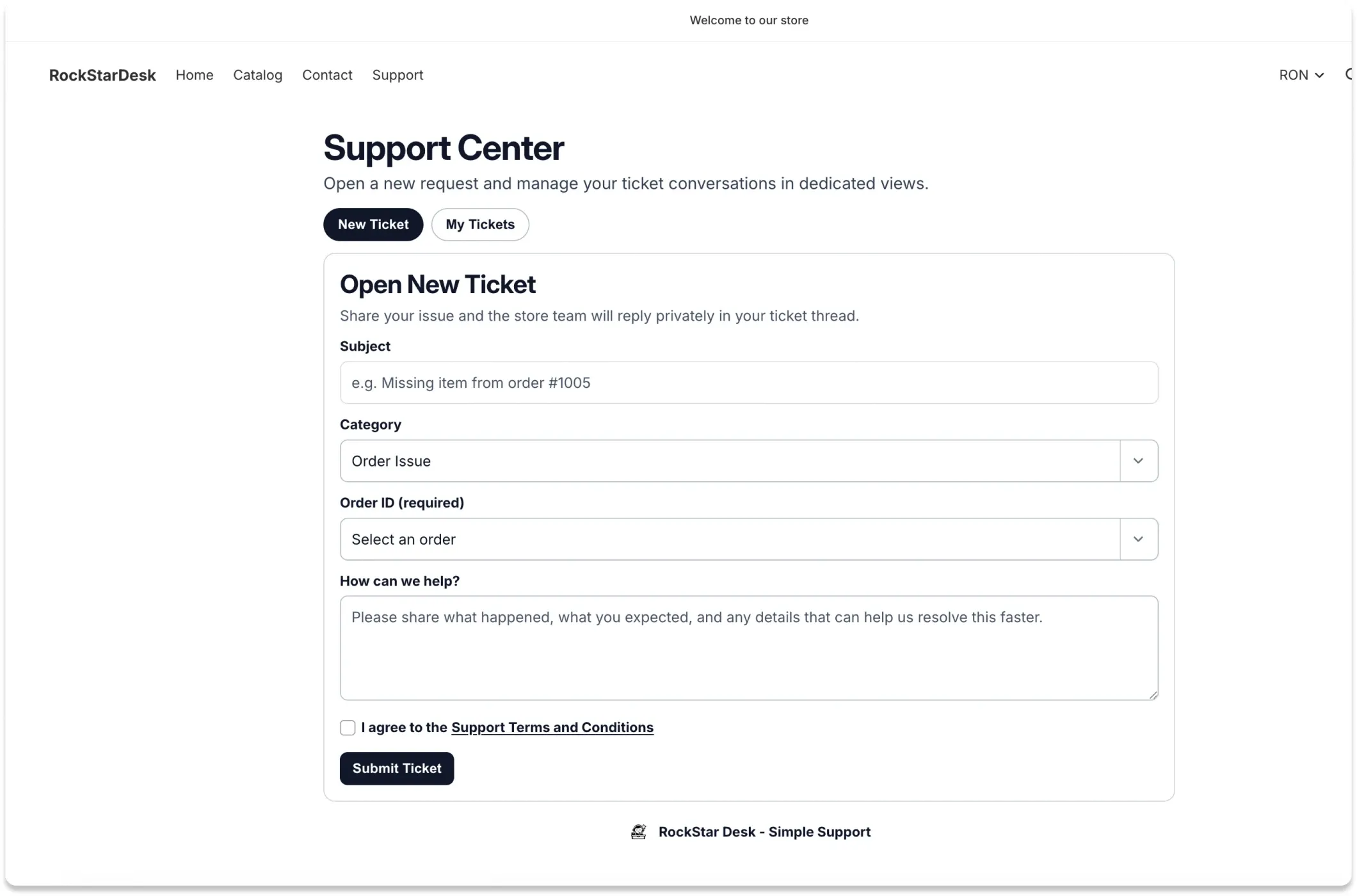 Storefront customer support center with New Ticket and My Tickets tabs, ticket submission form fields, and support terms checkbox before submit.