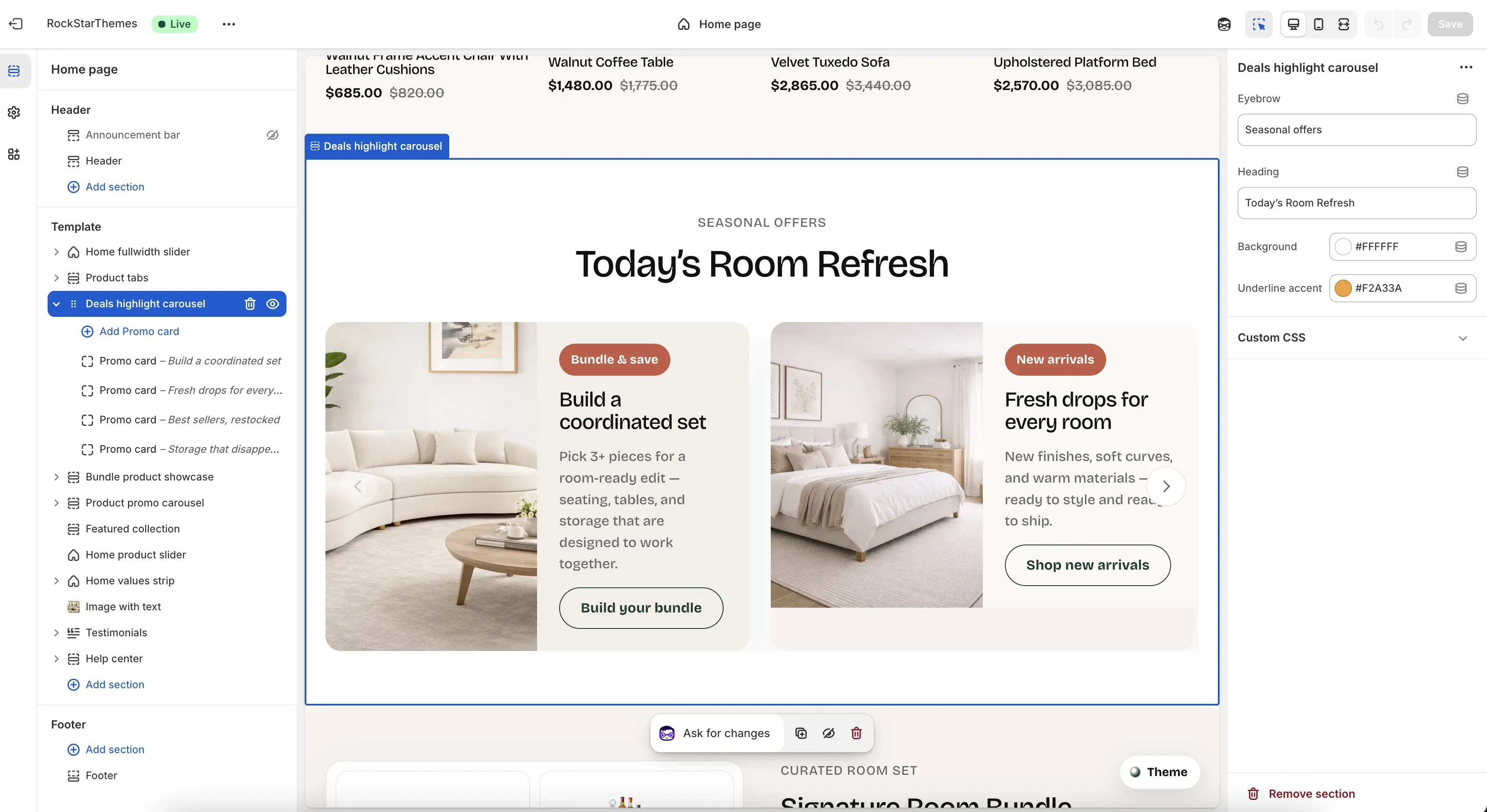 Shopify Theme Editor with the Deals highlight carousel section selected on the Home page template, showing promo card blocks in the left sidebar, the live card carousel preview in the center canvas, and section settings on the right panel.
