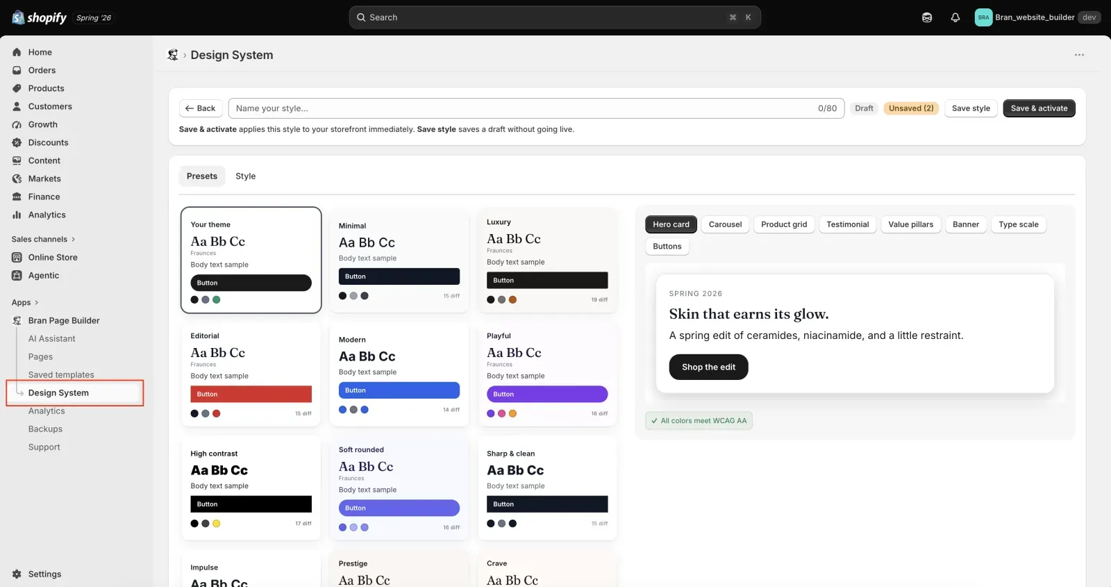 Design System screen in Shopify admin with the Presets tab open, showing style preset cards — Your theme, Minimal, Luxury, Editorial, Modern, Playful, High contrast, Soft rounded, and Sharp and clean — each previewing its heading font, body text, and button colors, beside a live preview panel with Hero card, Carousel, Product grid, and other preview switches and a WCAG AA contrast check.