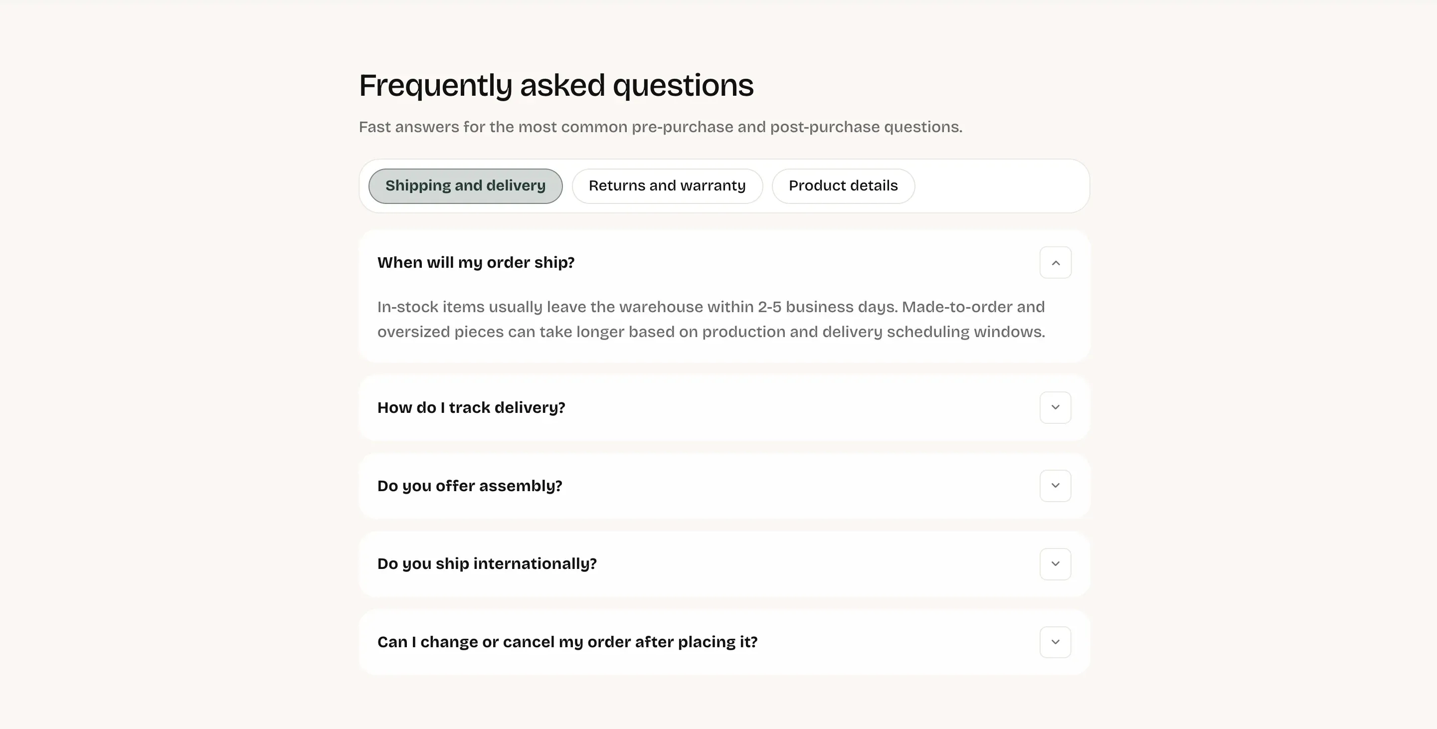 FAQ page section showing Frequently asked questions heading, category tabs, and accordion items with one question expanded and the rest collapsed.