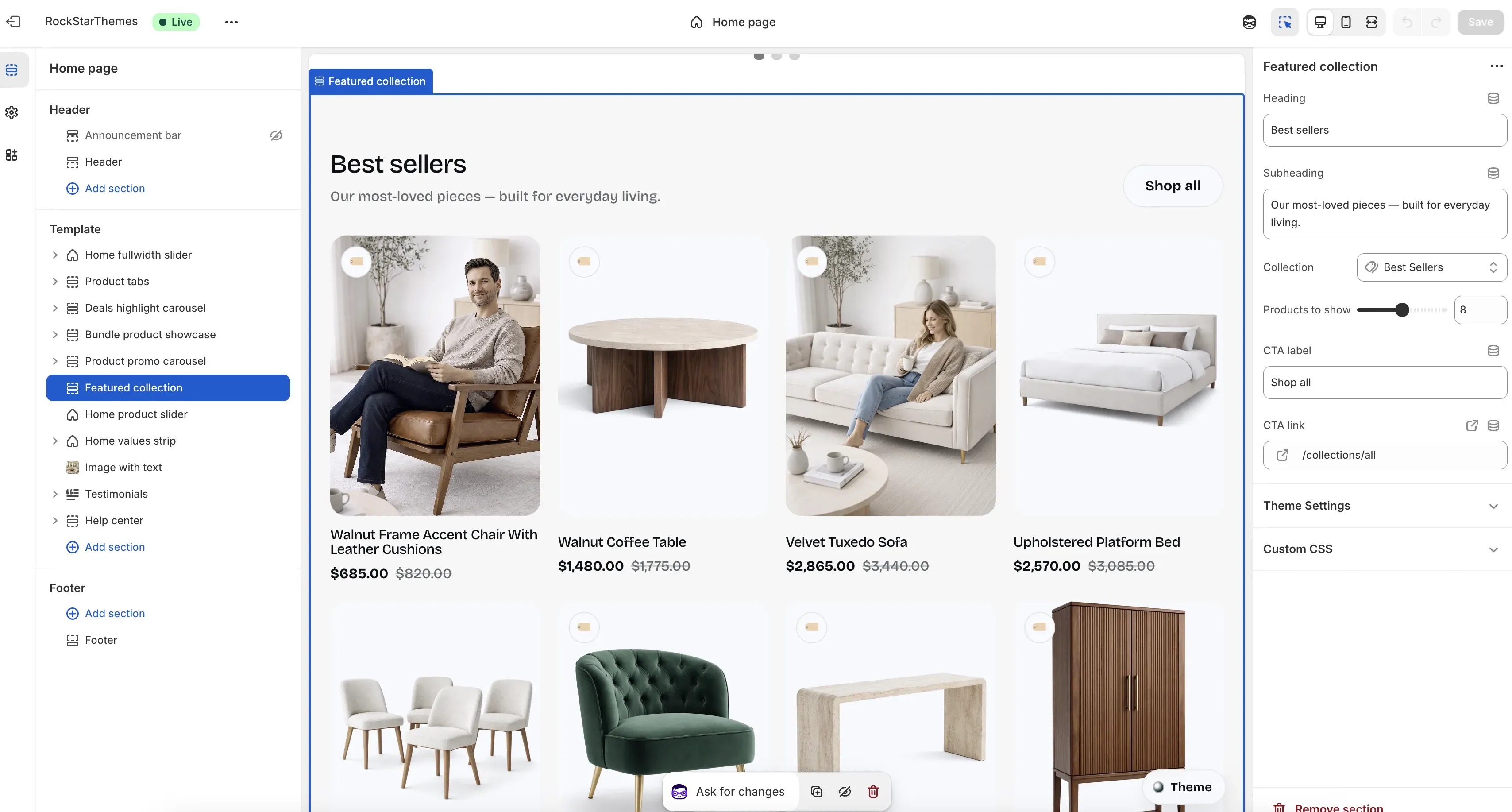 Shopify Theme Editor with the Featured collection section selected on the Home page template, showing collection products in a grid and the settings panel with heading, collection, product count, and CTA fields.