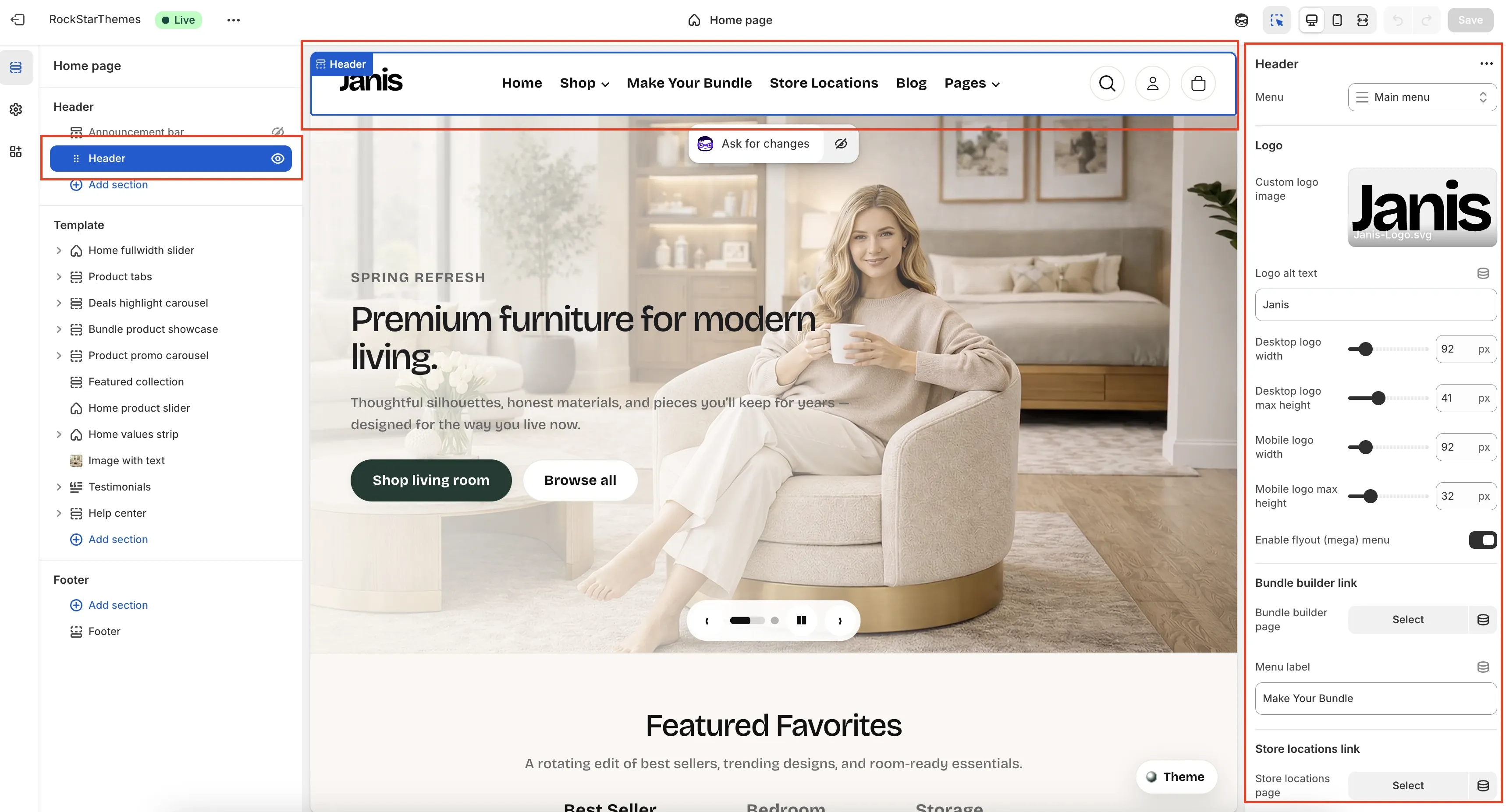 Shopify Theme Editor with the Header section selected, showing the left section list, header preview area, and Header settings panel with menu, logo, mega menu, and link controls.