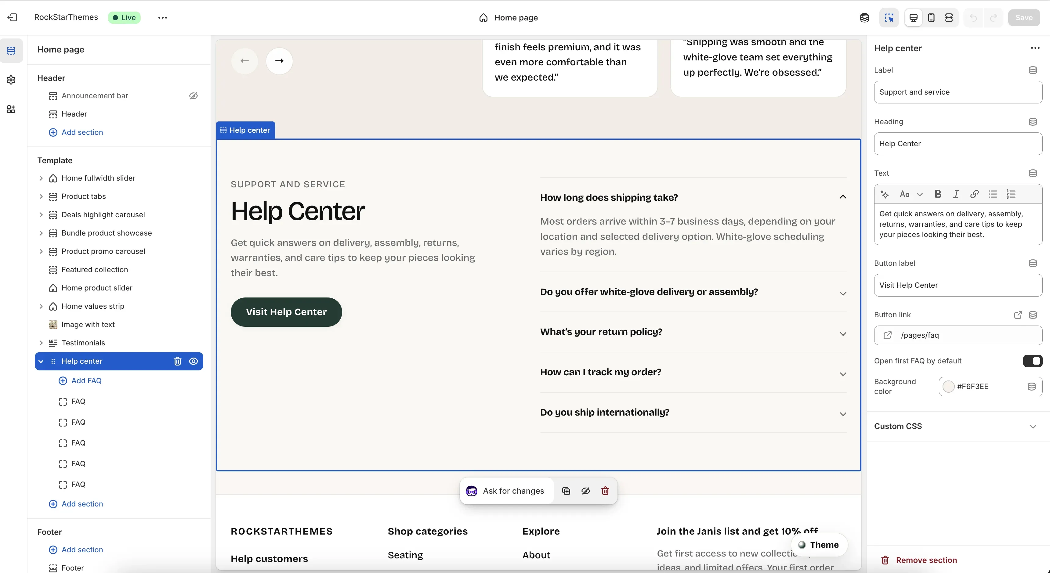 Shopify Theme Editor with the Help center section selected on the Home page template, showing the intro content and FAQ accordion in preview plus section settings and FAQ blocks in the side panels.