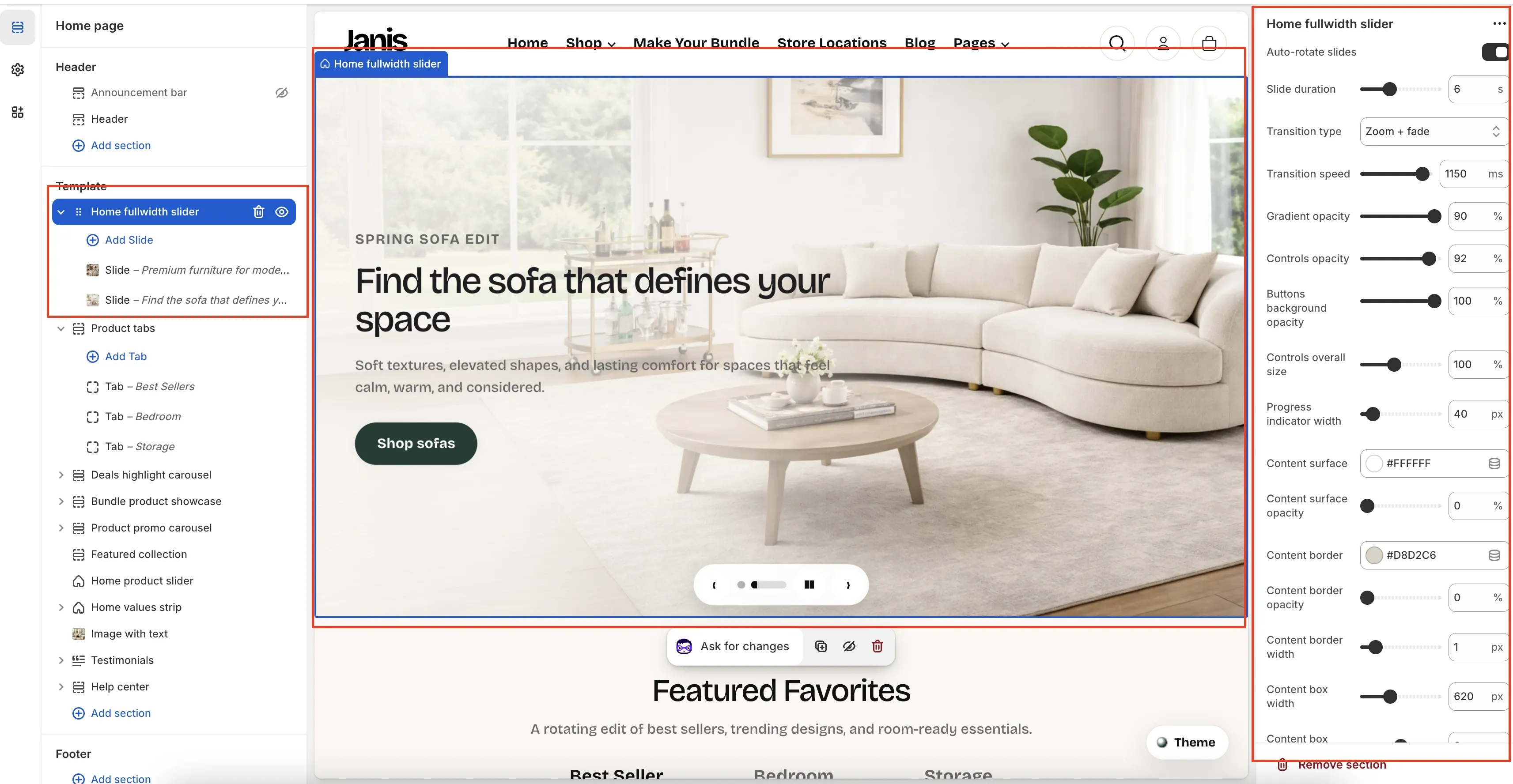 Shopify Theme Editor with Home fullwidth slider selected, showing the slider section in the template tree, slide blocks, live preview canvas, and full settings panel on the right.