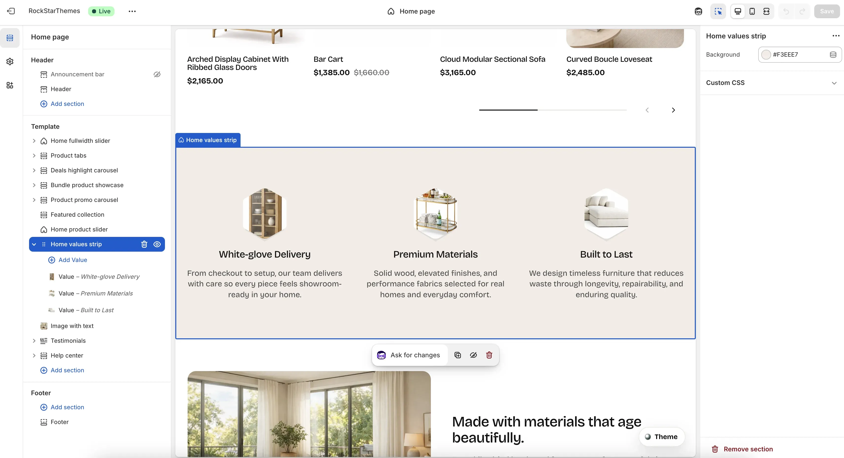 Shopify Theme Editor with the Home values strip section selected on the Home page template, showing value blocks in the left sidebar, the three-value strip preview in the canvas, and the background control in the right settings panel.