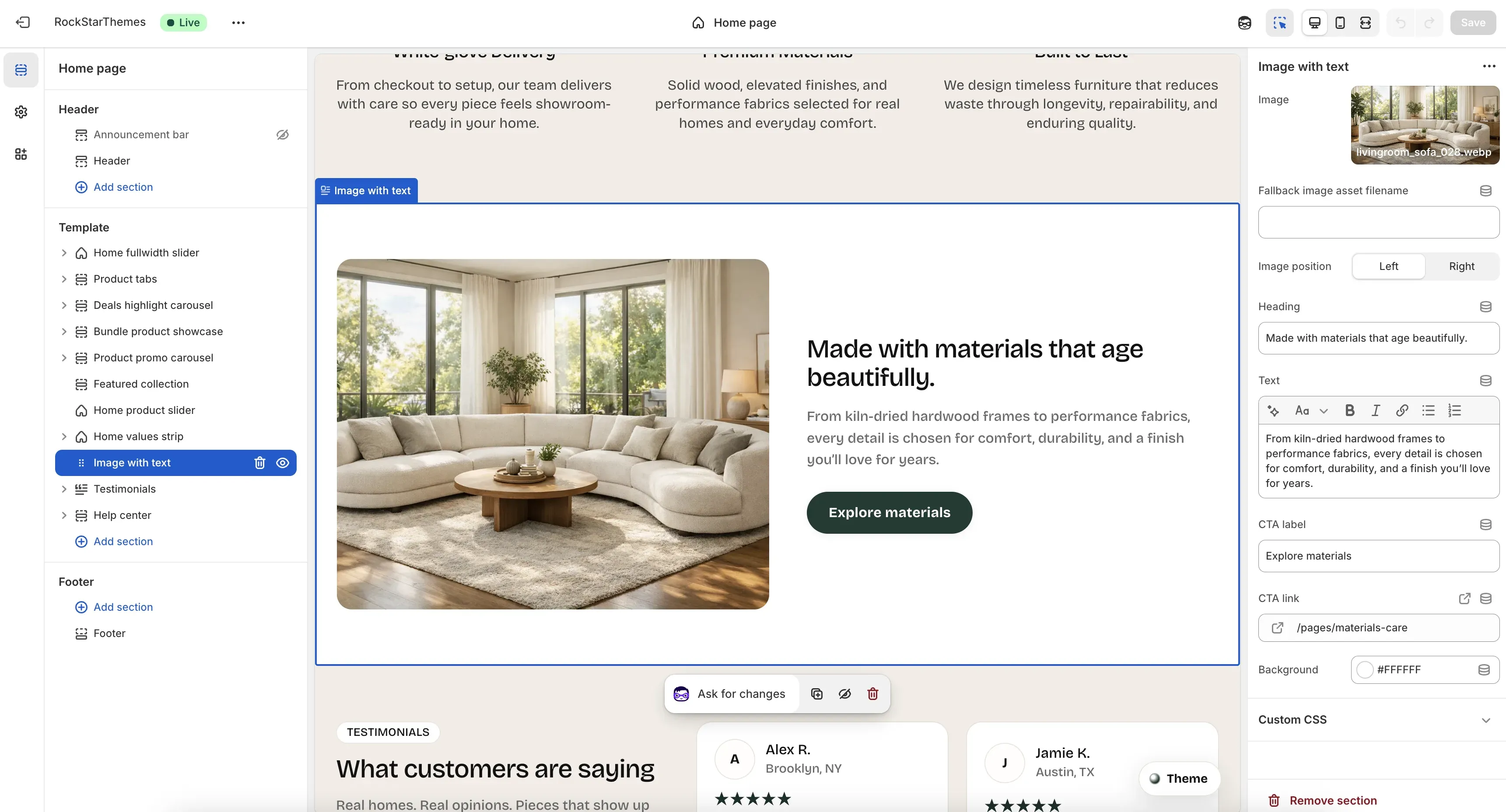 Shopify Theme Editor with the Image with text section selected on the Home page template, showing the split layout preview and section settings including image, fallback asset filename, image position, heading, rich text, CTA, and background controls.