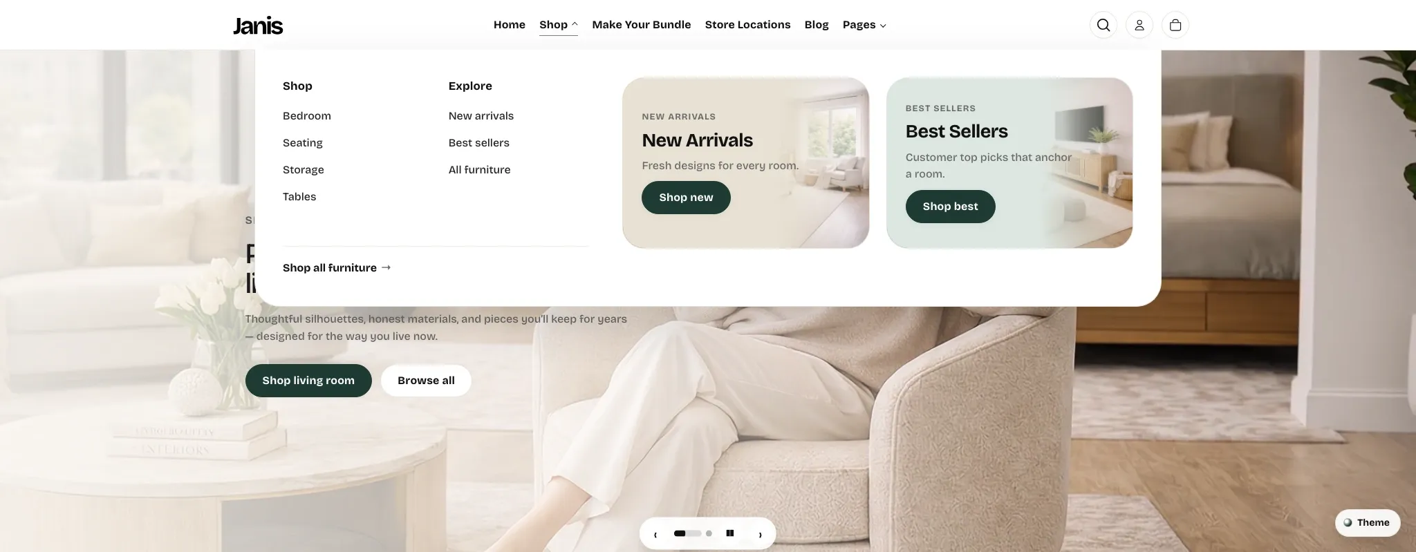 Mega menu opened from the Shop navigation item, with two link columns and two promotional cards on the right.