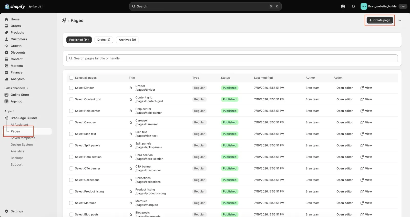 Pages screen in Shopify admin with the Create page button highlighted in the top right, Published, Drafts, and Archived tabs above a search field, and a table listing each page with its title and handle, type, status, last modified date, author, and open editor and view actions.