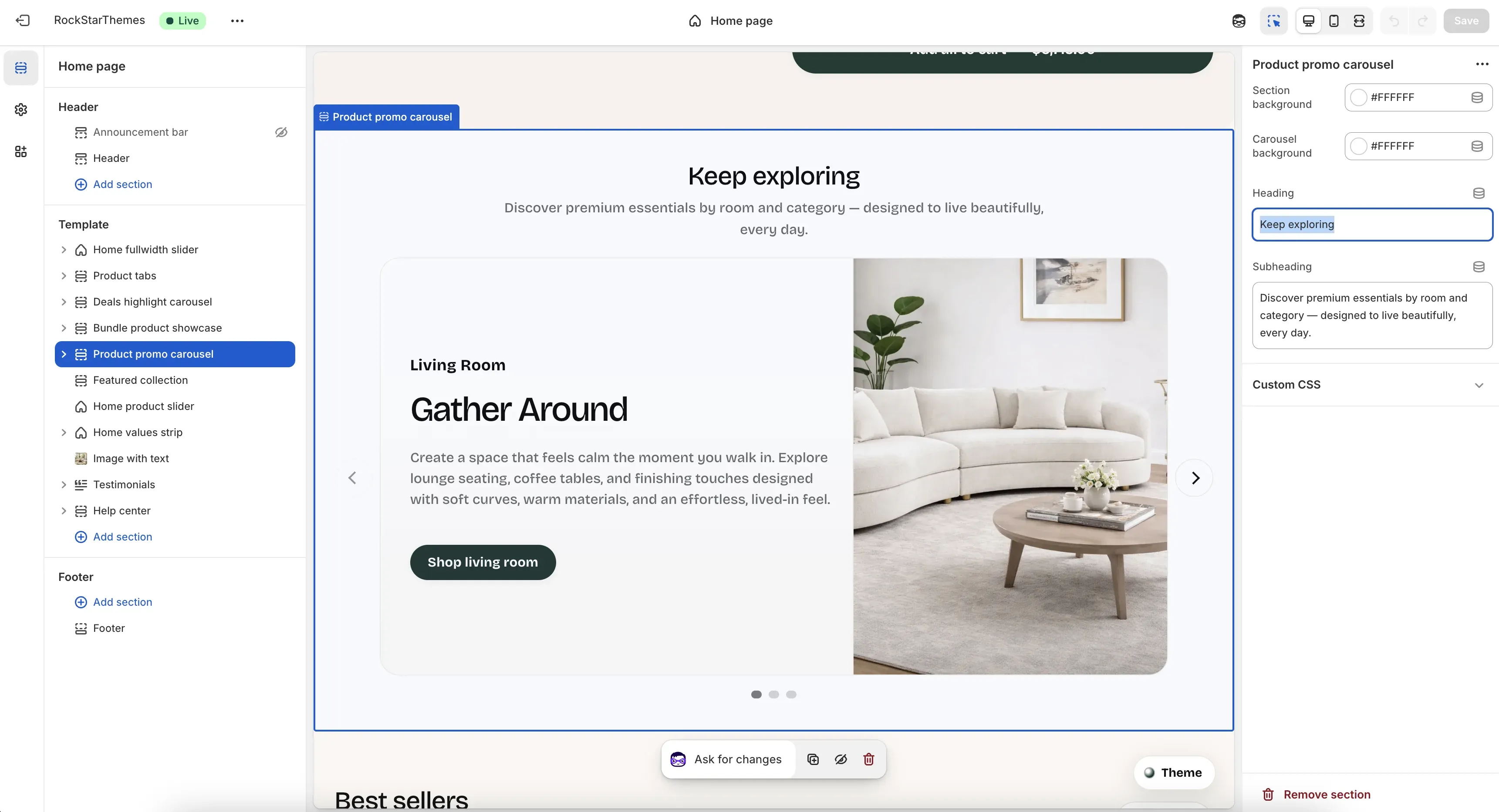 Shopify Theme Editor with the Product promo carousel section selected on the Home page template, showing the carousel preview in the canvas and the section settings panel with background and heading controls.