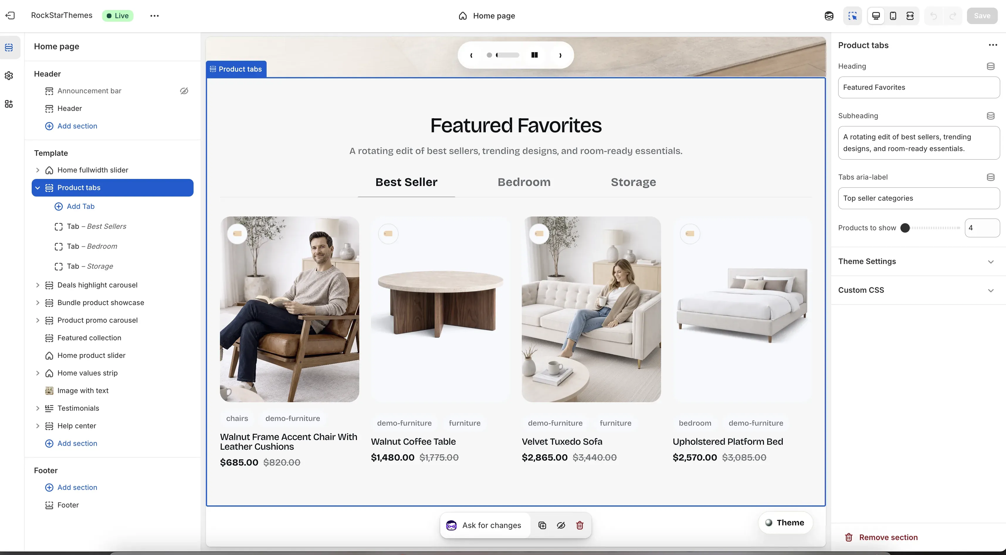 Shopify Theme Editor with the Product tabs section selected on the Home page template, showing tab blocks in the left sidebar, the live tabbed products preview in the center, and Product tabs settings in the right panel.