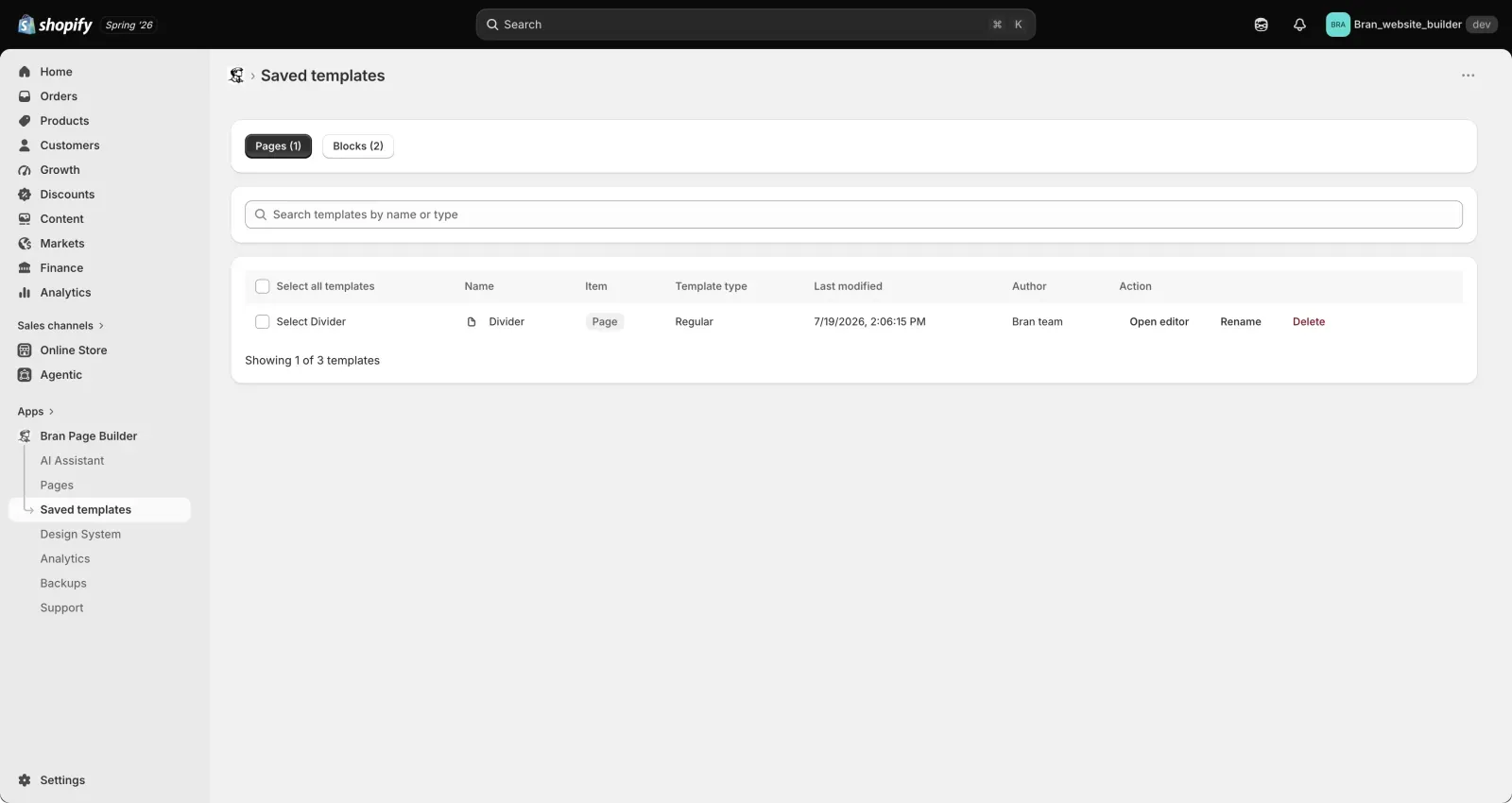 The Saved templates screen in Shopify admin, with Pages and Blocks tabs above a search field and a table listing each template with its name, item, template type, last modified date, author, and open editor, rename, and delete actions.
