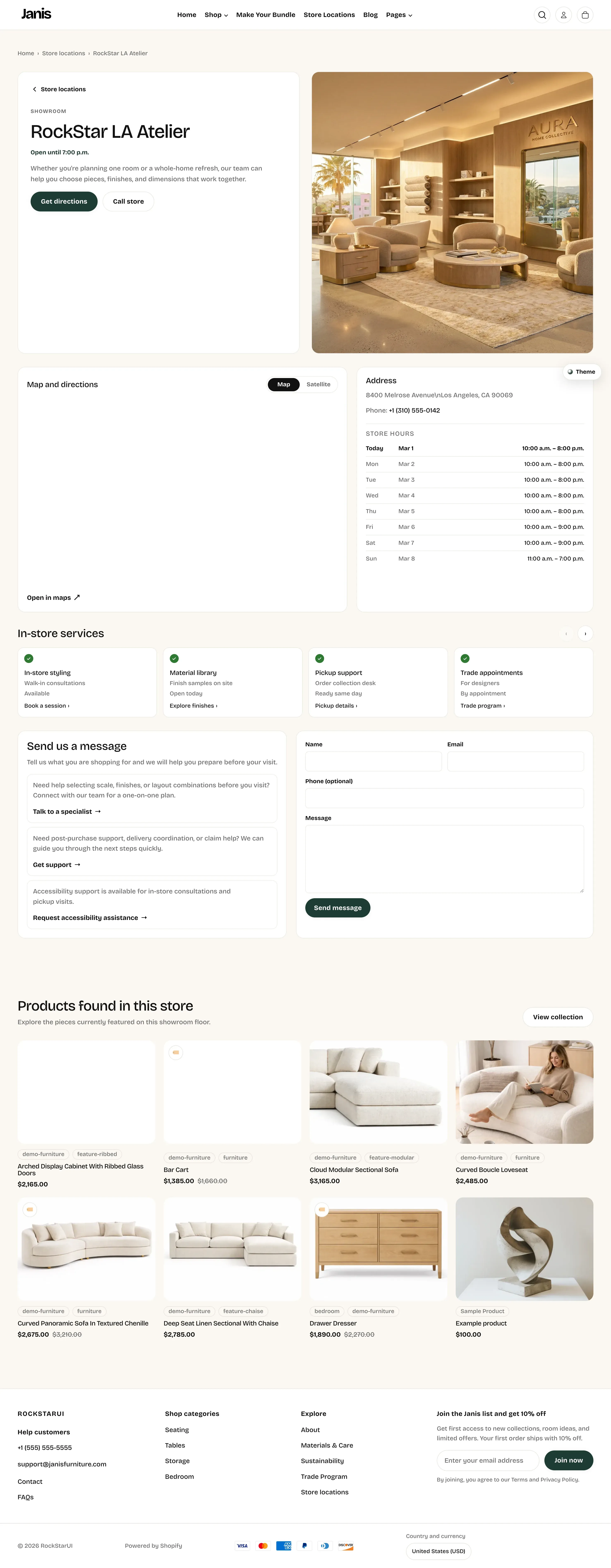 Store Detail Page showing a dedicated showroom page with hero details, map and hours, services cards, support/contact area, and products found in this store.