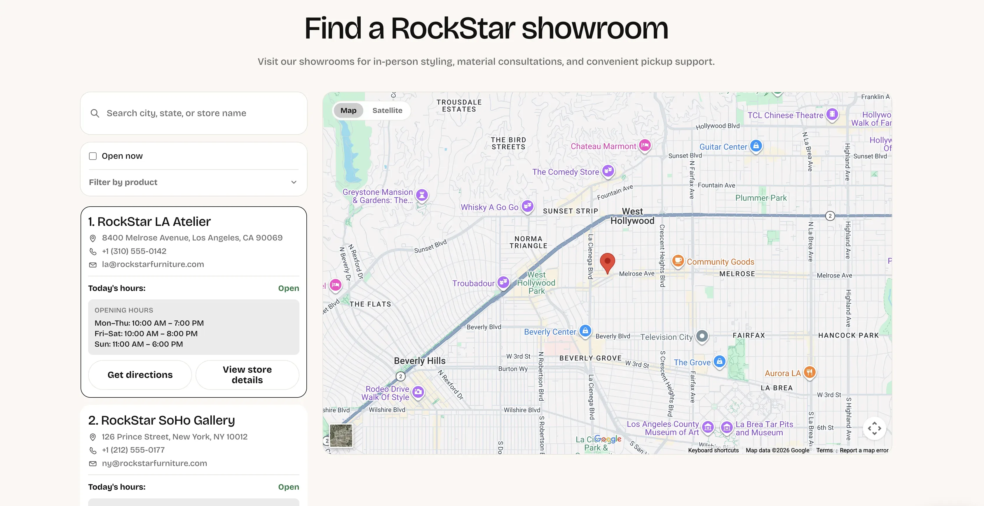 Store Locations page showing the showroom locator with search, open-now and product filters, store cards on the left, and map plus satellite toggle on the right.