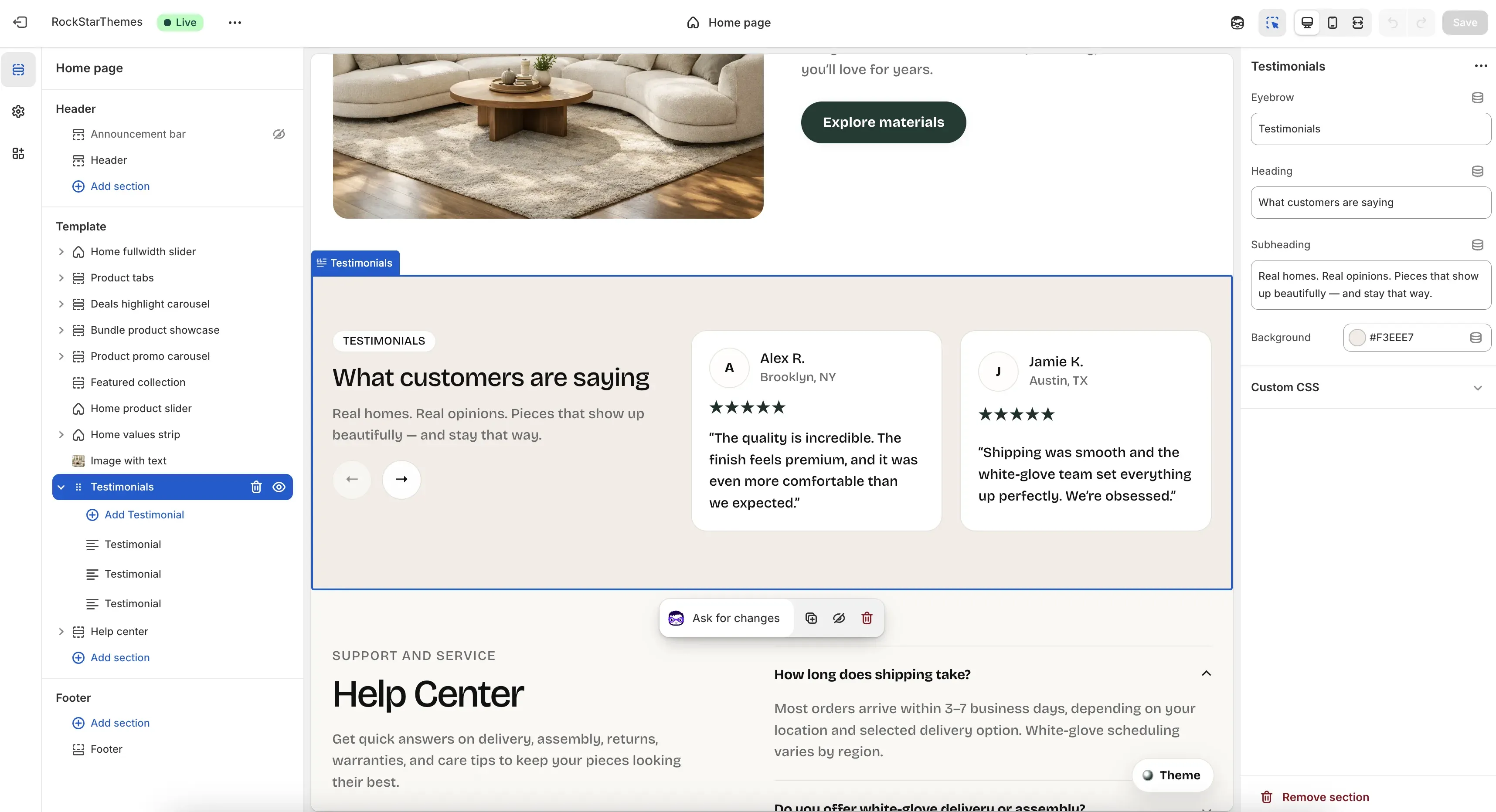 Shopify Theme Editor with the Testimonials section selected on the Home page template, showing testimonial cards in the preview and settings for eyebrow, heading, subheading, and background in the right panel.