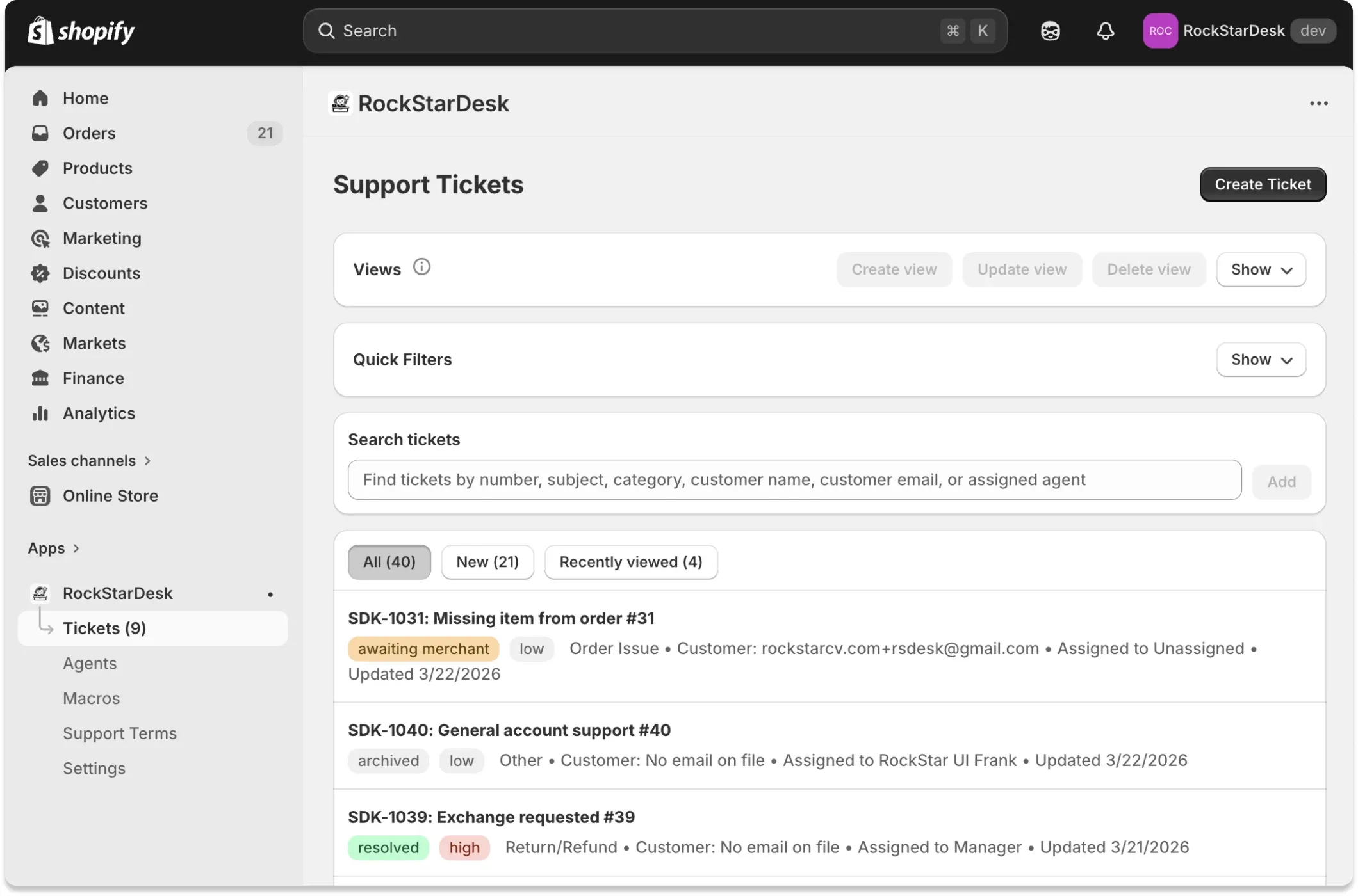 Support Tickets inbox in Shopify admin with views and quick filters panels, ticket search, scope tabs, and a ticket list with status and priority badges.