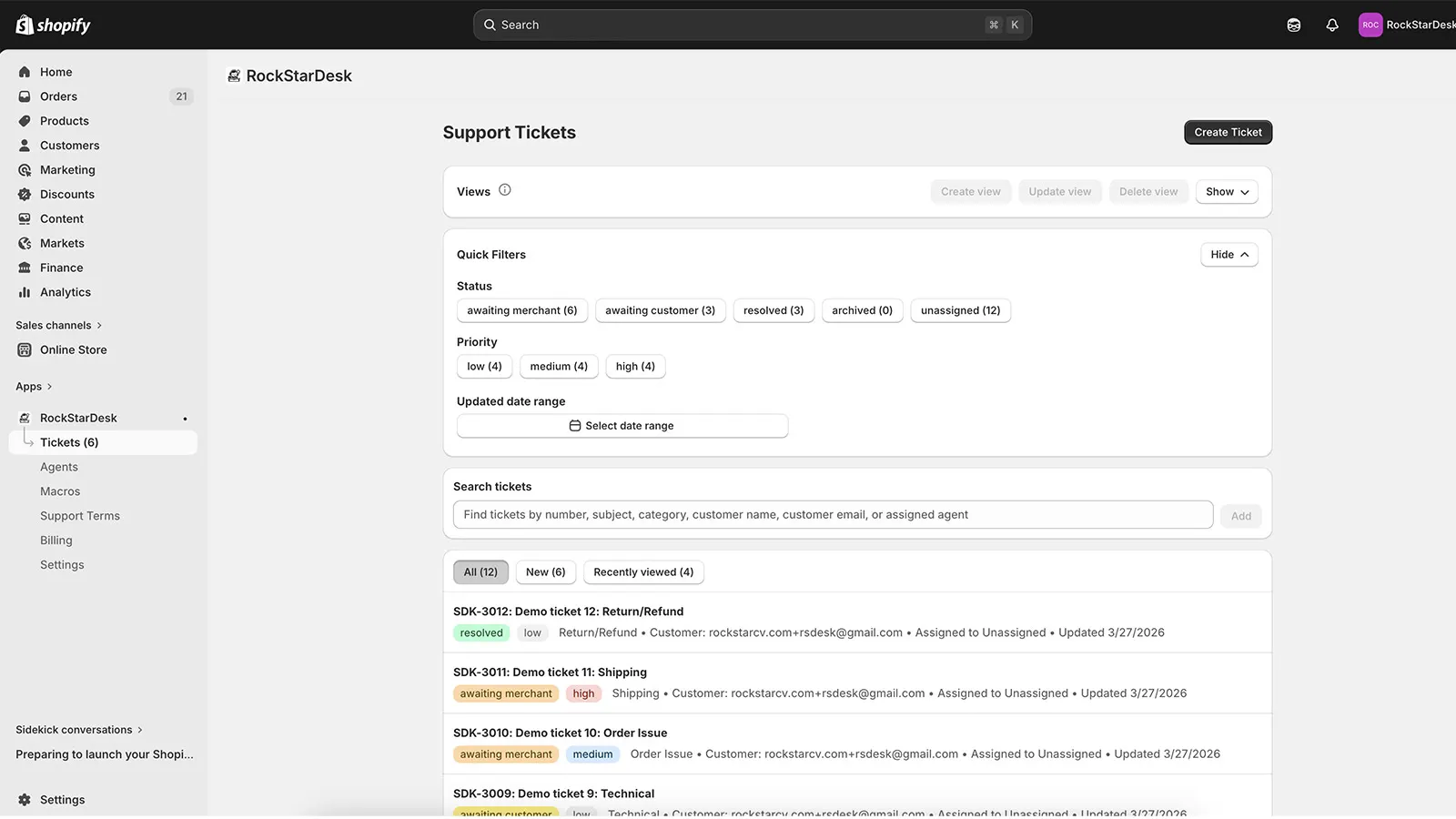 Support Tickets list with quick filters and search controls