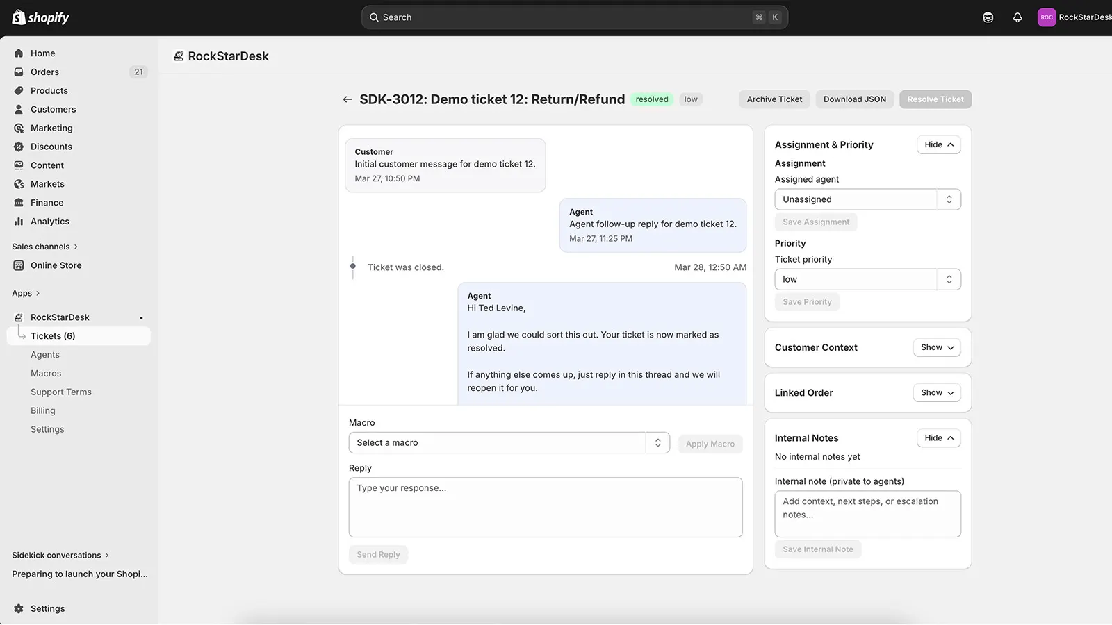Ticket conversation view with assignment and priority panels