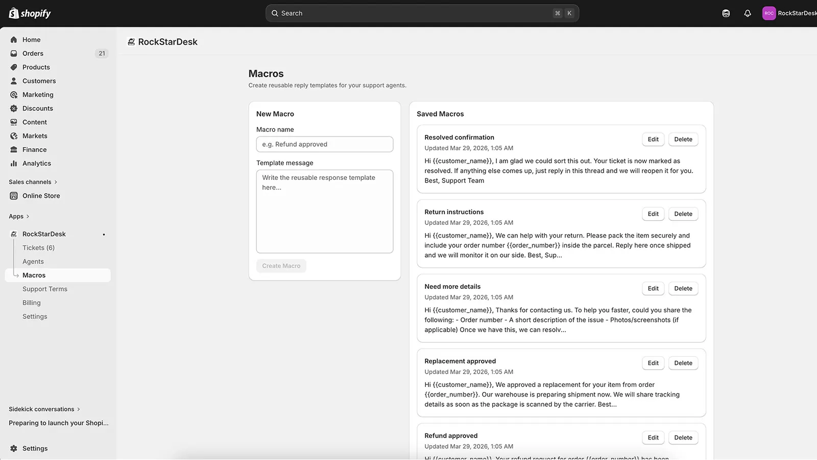 Macros page with reusable reply templates and editor form
