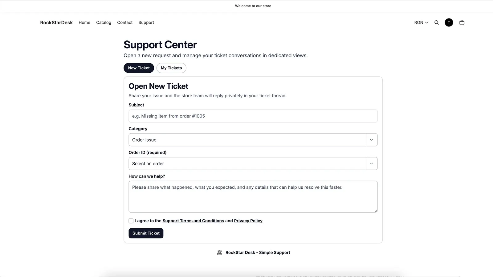 Support Center new ticket form on storefront