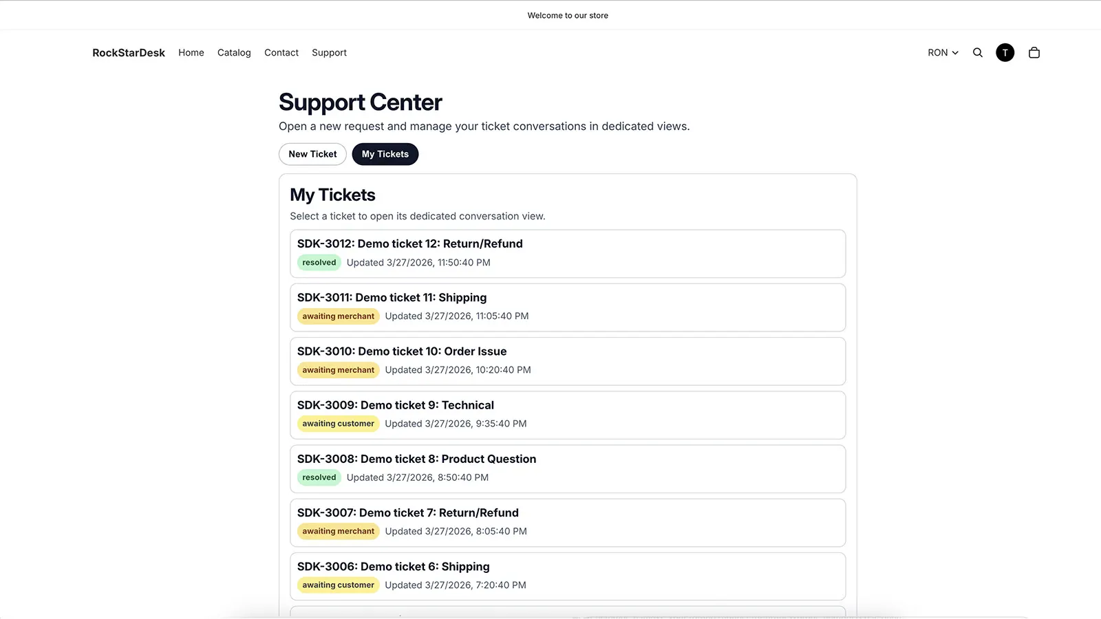 Customer My Tickets list with status badges and timestamps