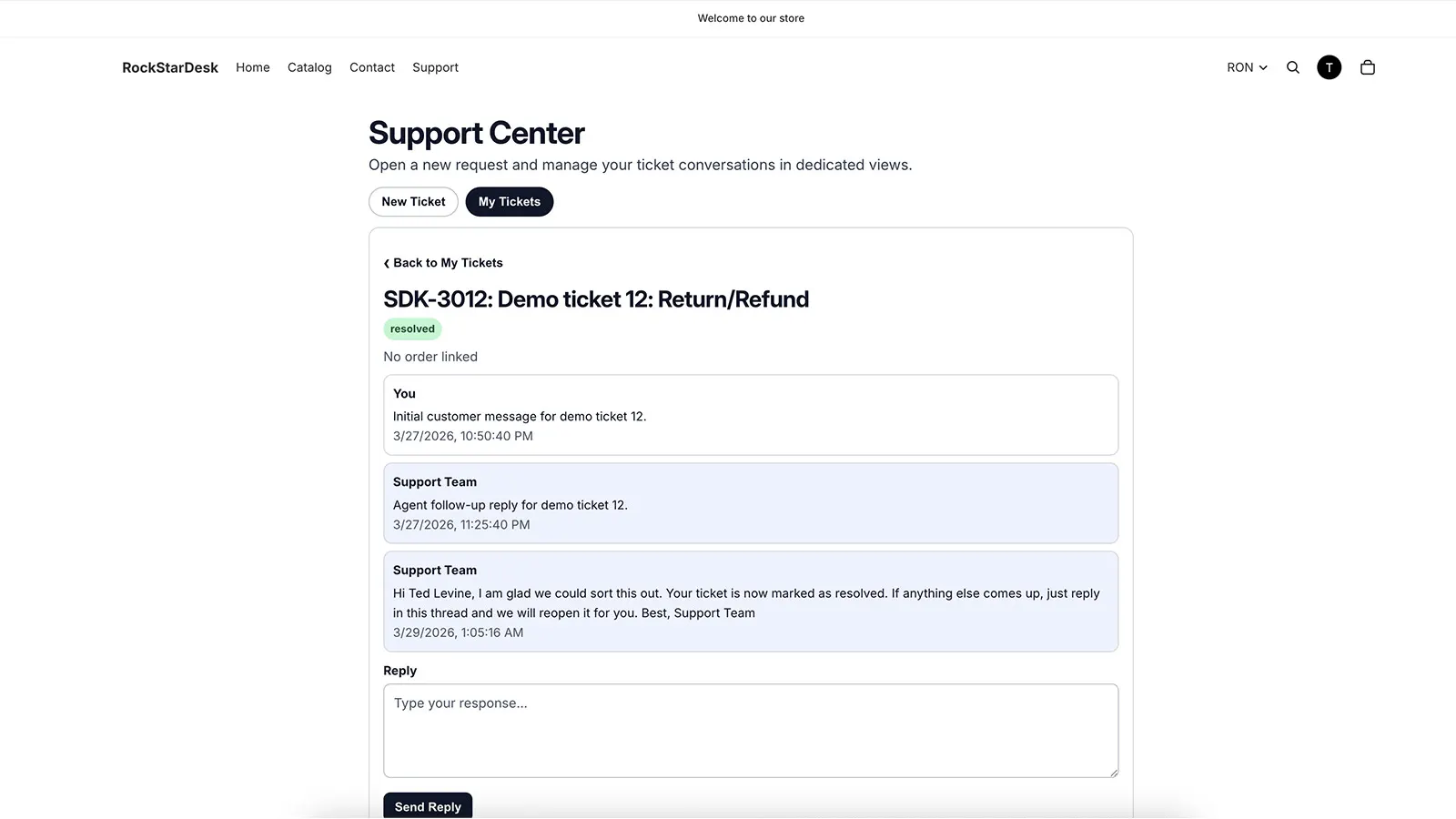 Storefront ticket thread with customer and agent replies
