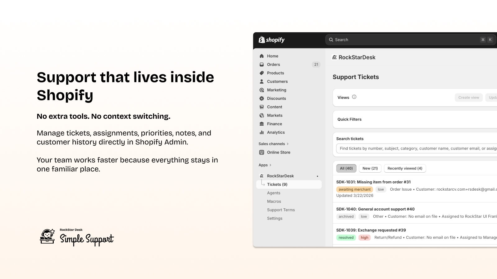 Support ticket list managed directly in Shopify admin