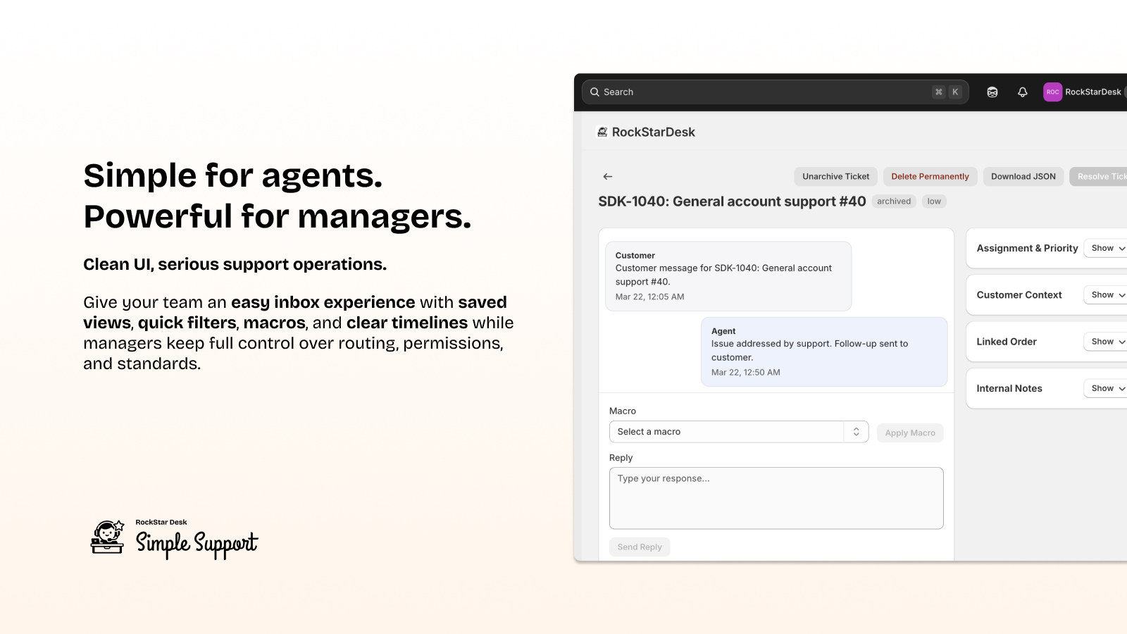 Ticket thread with replies, macros, and assignment controls