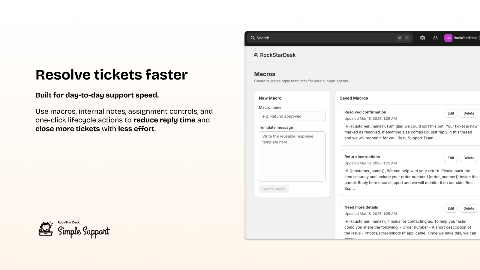 Macros page with reusable reply templates for support teams
