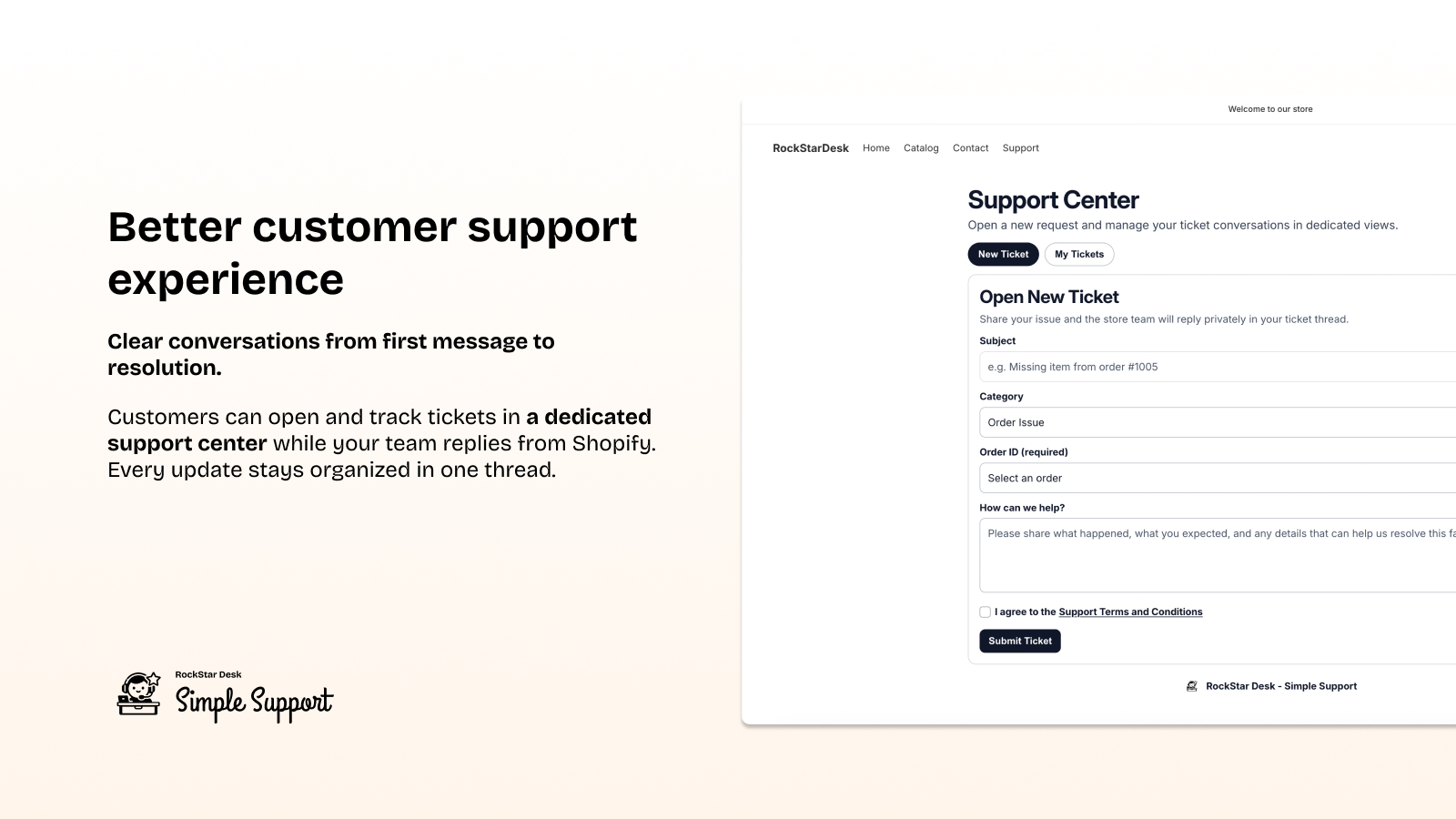 Customer support center form for opening and ticket tracking