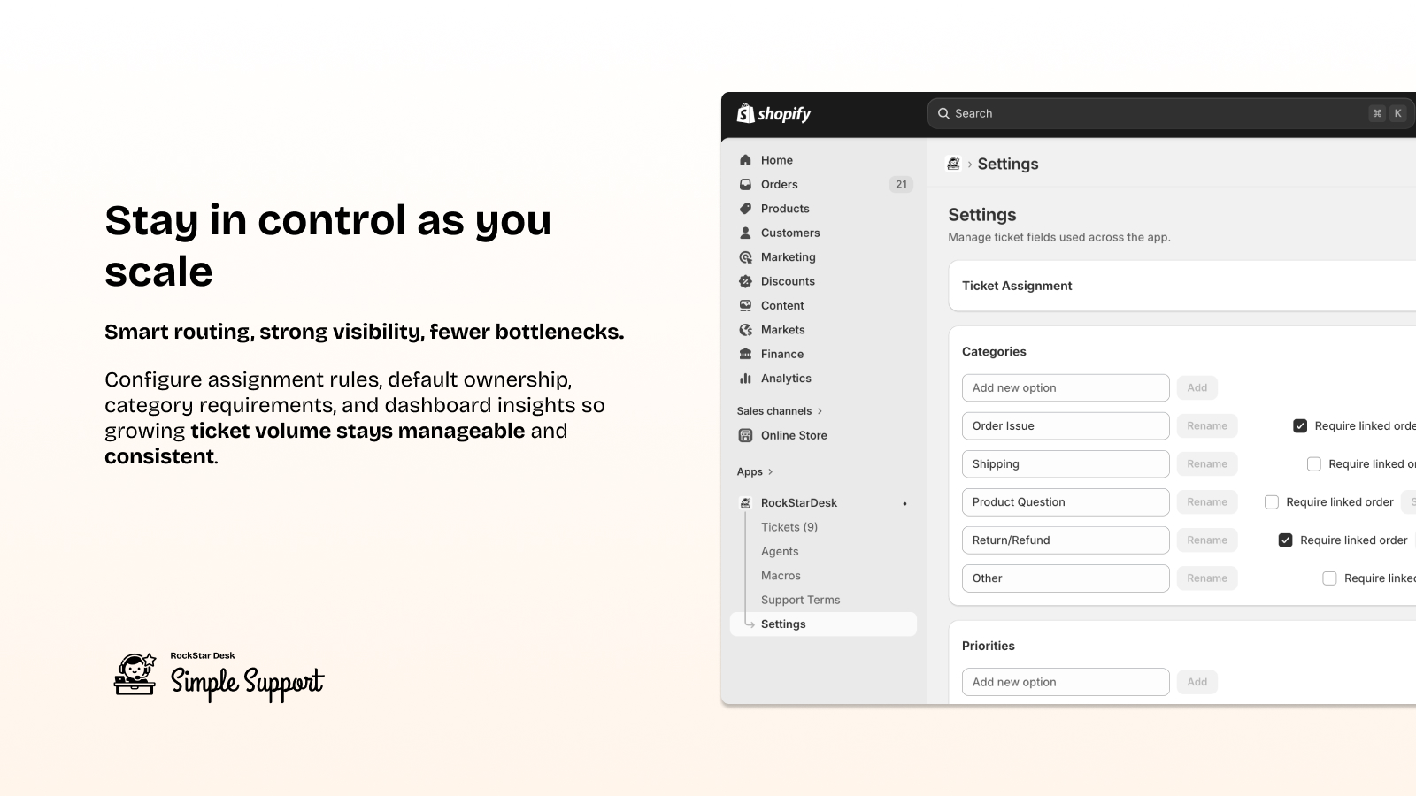 Settings for ticket categories, priorities, and assignment